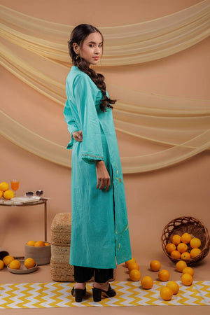 Sea Green Floral Printed  Cotton Straight Kurti