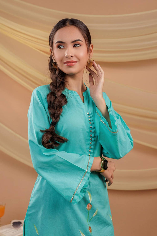 Sea Green Floral Printed  Cotton Straight Kurti