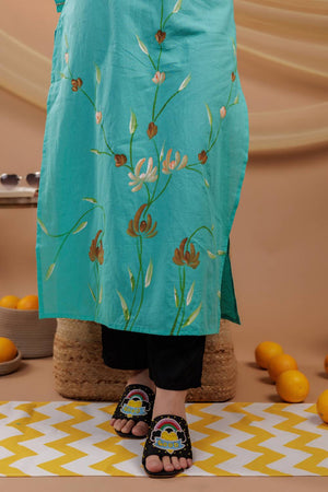 Sea Green Floral Printed  Cotton Straight Kurti