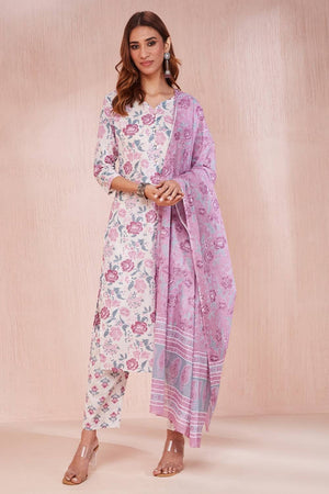 Violet Floral Printed Cotton Straight Cut Suit Set