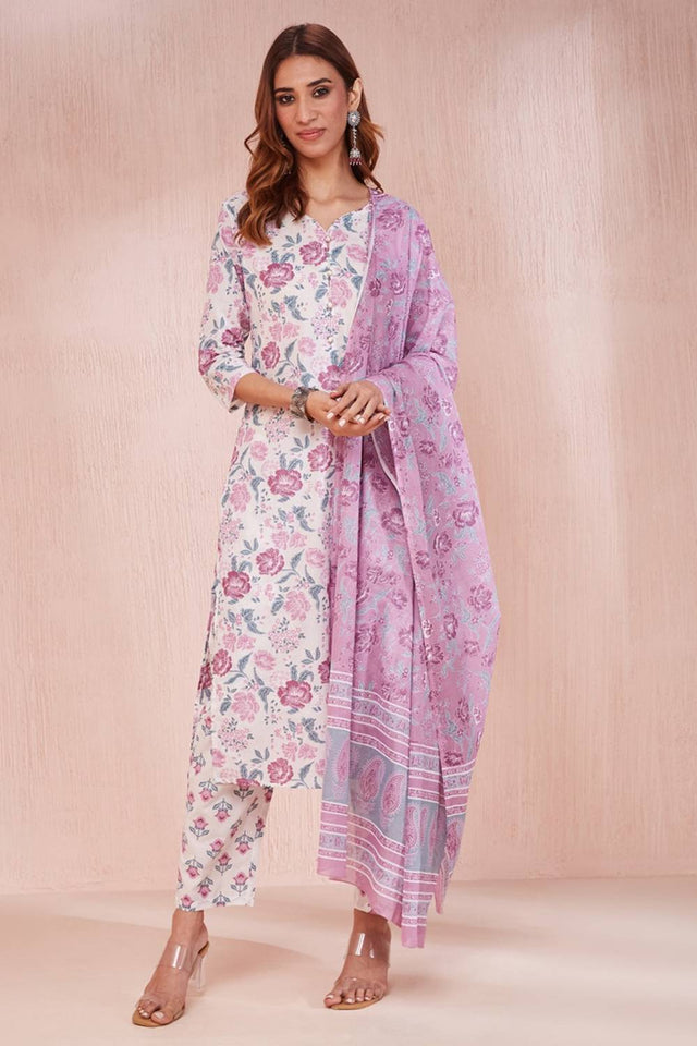 Violet Floral Printed Cotton Straight Cut Suit Set