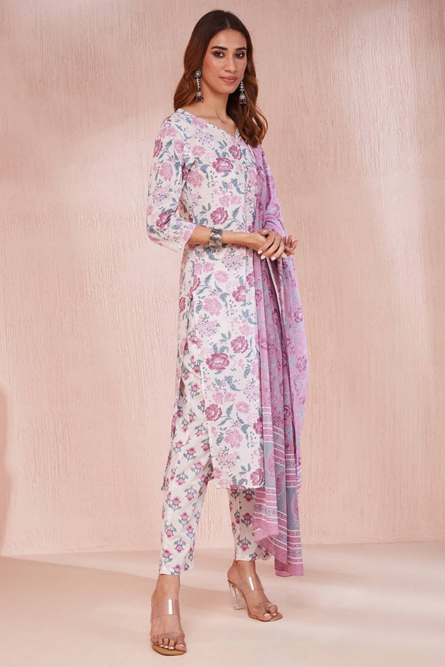 Violet Floral Printed Cotton Straight Cut Suit Set