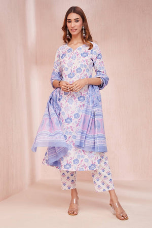 Multi Color Floral Printed Cotton Straight Cut Suit Set