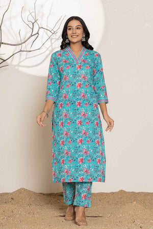 Turquoise Geometric print Sequins Work Pure Cotton Kurti Pant Set