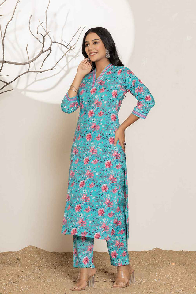 Turquoise Geometric print Sequins Work Pure Cotton Kurti Pant Set