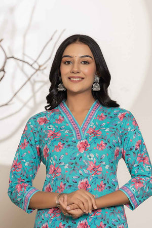 Turquoise Geometric print Sequins Work Pure Cotton Kurti Pant Set
