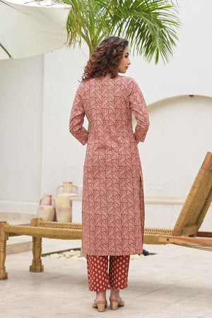 Red Ethnic Motifs Beads and Stones Embossed Pure Cotton Kurti Pant Set