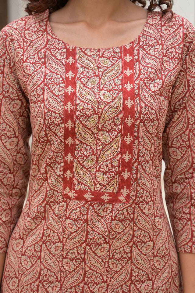 Red Ethnic Motifs Beads and Stones Embossed Pure Cotton Kurti Pant Set