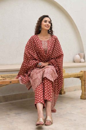 Red Ethnic Motifs Beads and Stones Embossed Pure Cotton Kurti Pant Set