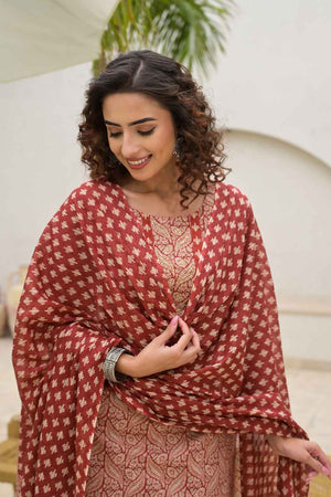 Red Ethnic Motifs Beads and Stones Embossed Pure Cotton Kurti Pant Set