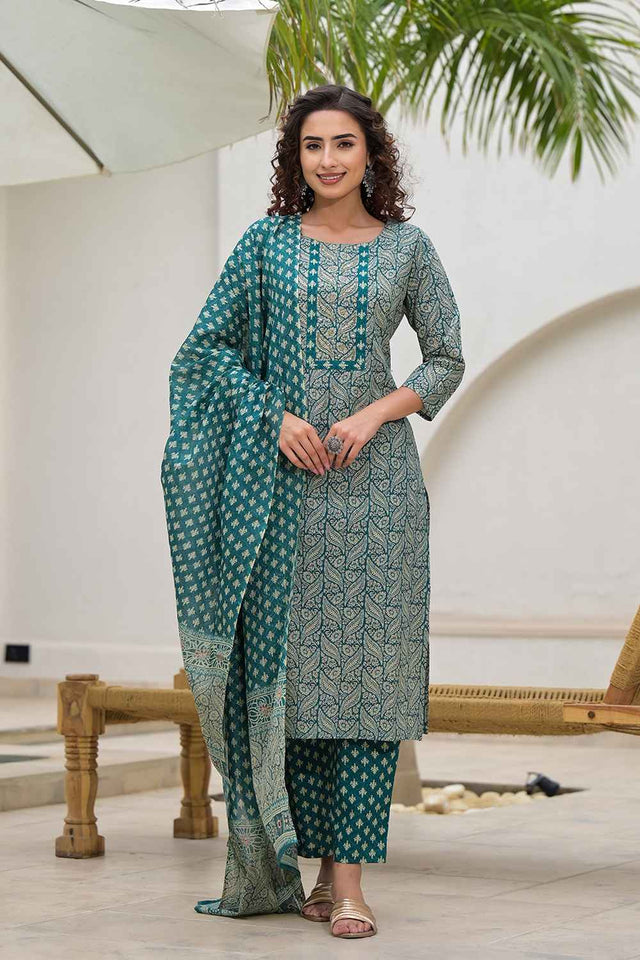 Green Ethnic Motifs Beads and Stones Embossed Pure Cotton Kurti Pant Set