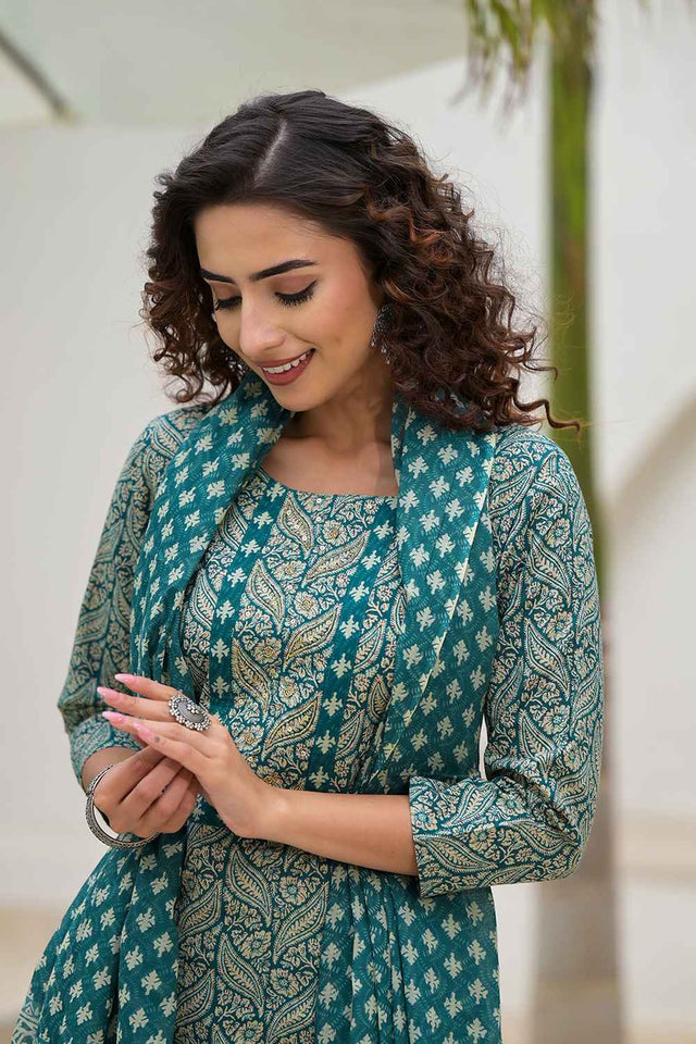 Green Ethnic Motifs Beads and Stones Embossed Pure Cotton Kurti Pant Set