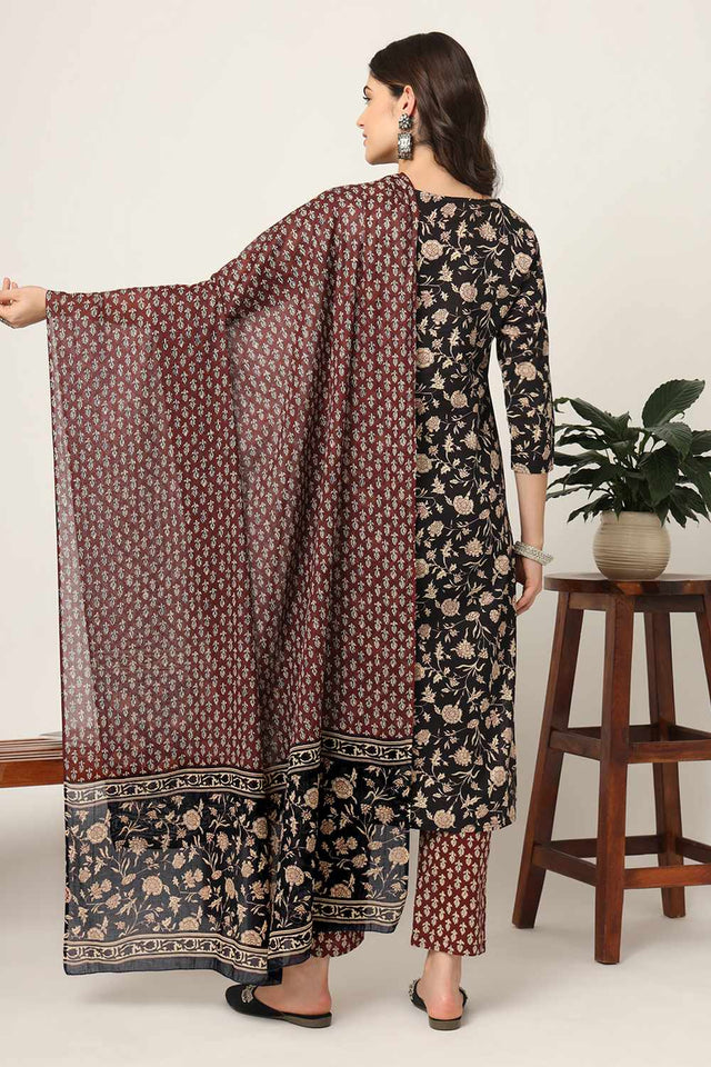Black Floral Print Cotton Kurti Pant Set