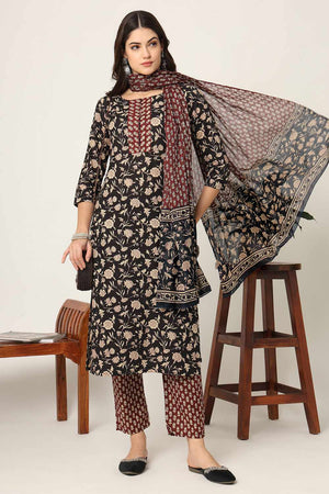 Black Floral Print Cotton Kurti Pant Set