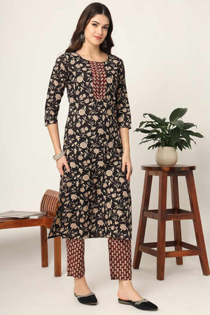 Black Floral Print Cotton Kurti Pant Set
