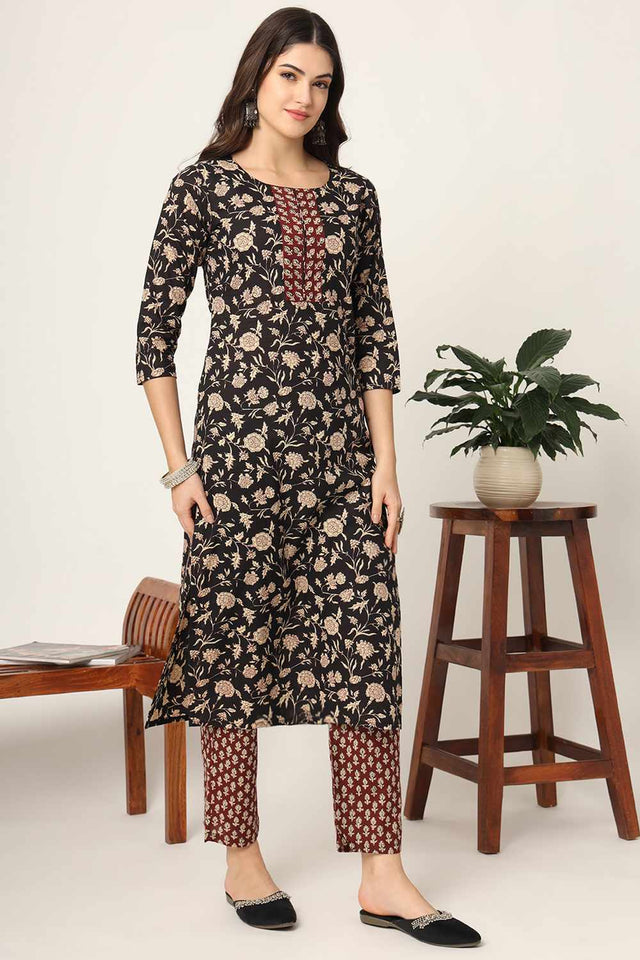 Black Floral Print Cotton Kurti Pant Set