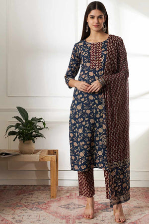 Blue Floral Print Cotton Kurti Pant Set
