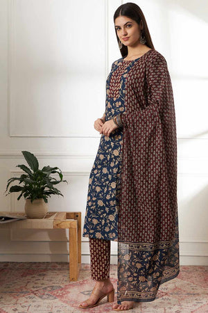 Blue Floral Print Cotton Kurti Pant Set