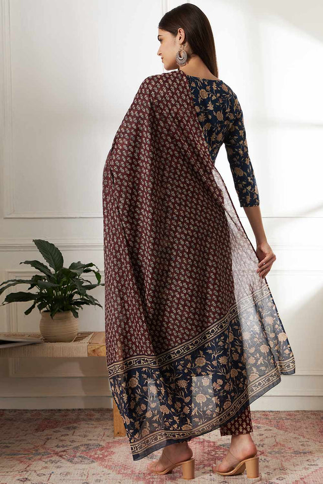 Blue Floral Print Cotton Kurti Pant Set