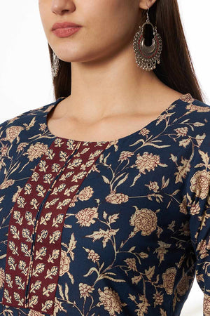 Blue Floral Print Cotton Kurti Pant Set