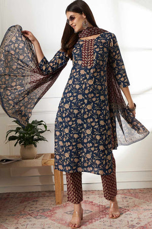 Blue Floral Print Cotton Kurti Pant Set