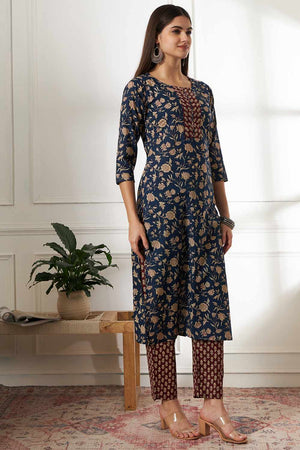 Blue Floral Print Cotton Kurti Pant Set