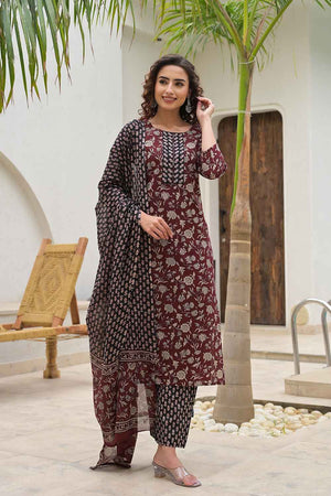 Red Floral Print Pure Cotton Kurti Pant Set
