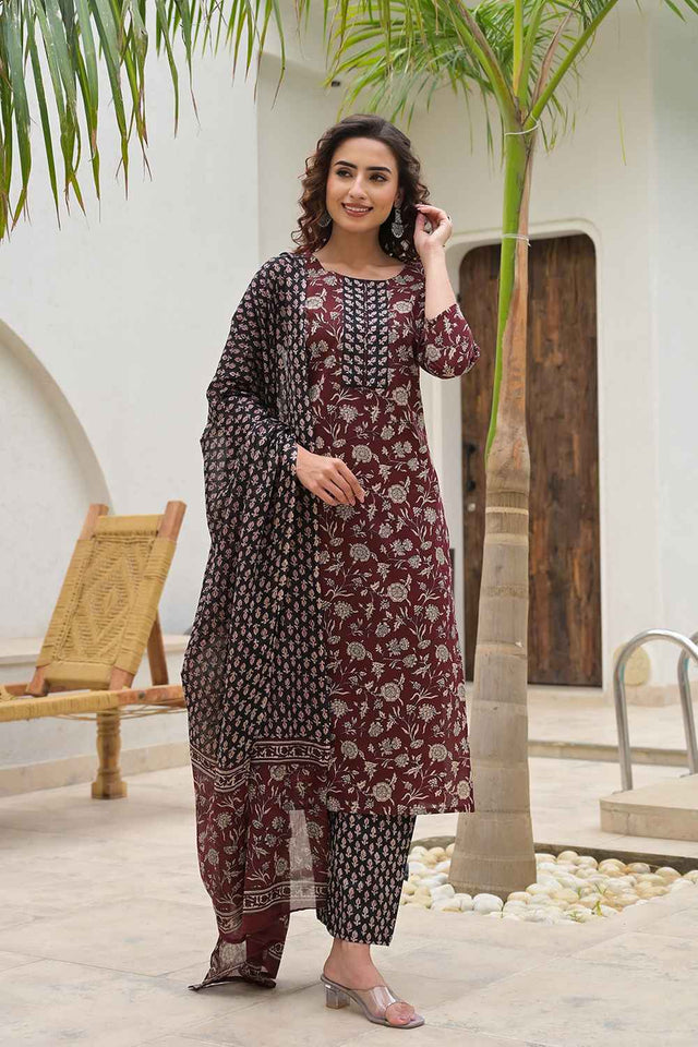 Red Floral Print Pure Cotton Kurti Pant Set
