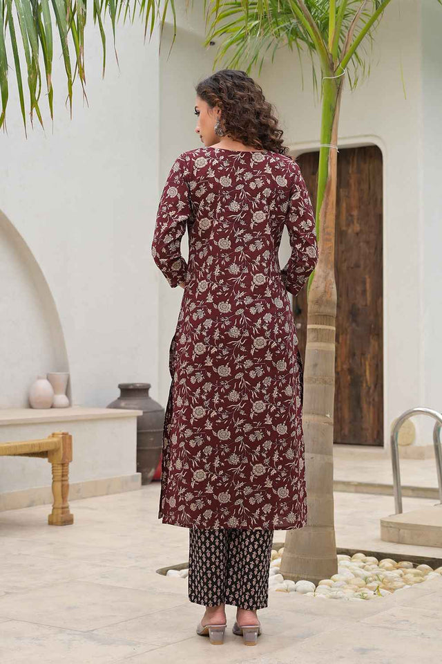 Red Floral Print Pure Cotton Kurti Pant Set