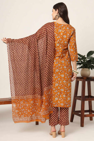 Mustard Floral Print Cotton Kurti Pant Set