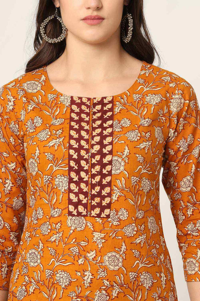Mustard Floral Print Cotton Kurti Pant Set