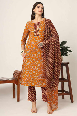 Mustard Floral Print Cotton Kurti Pant Set