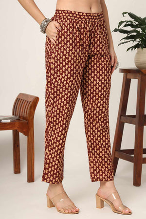 Mustard Floral Print Cotton Kurti Pant Set