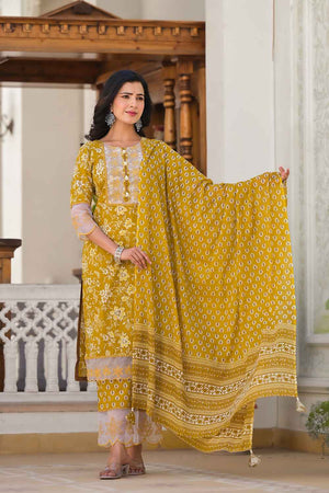 Yellow Floral Print Lace Work Pure Cotton Kurti Pant Set