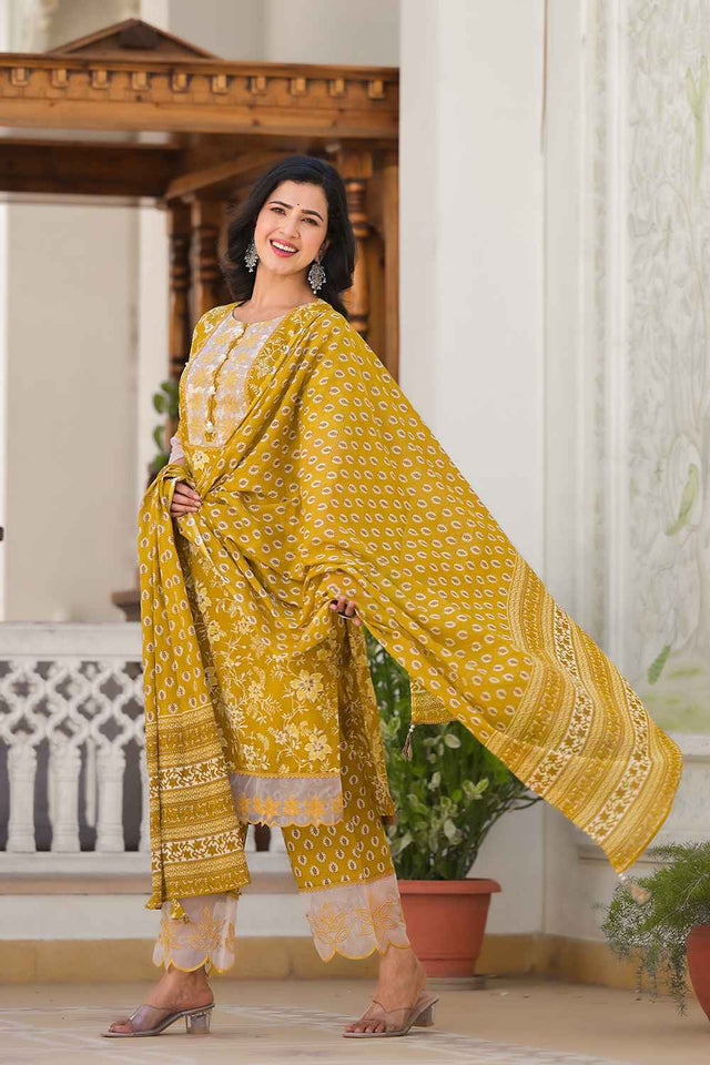 Yellow Floral Print Lace Work Pure Cotton Kurti Pant Set