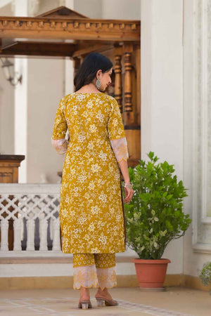 Yellow Floral Print Lace Work Pure Cotton Kurti Pant Set