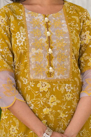 Yellow Floral Print Lace Work Pure Cotton Kurti Pant Set