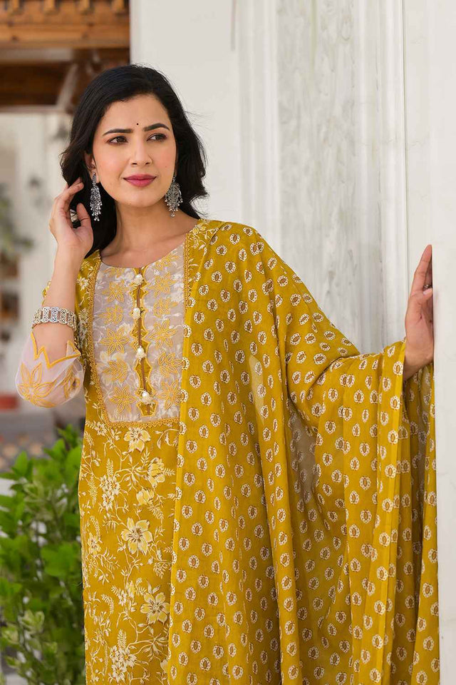 Yellow Floral Print Lace Work Pure Cotton Kurti Pant Set