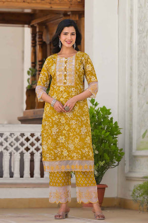 Yellow Floral Print Lace Work Pure Cotton Kurti Pant Set