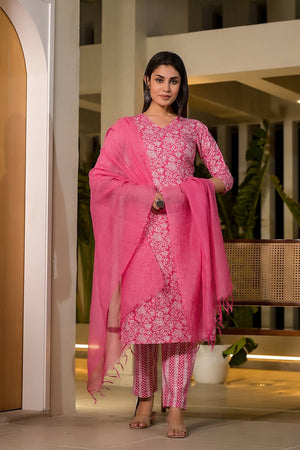 Pink Floral Printed Cotton Straight Cut Suit Set