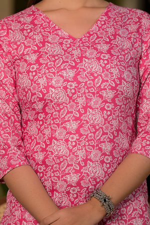 Pink Floral Printed Cotton Straight Cut Suit Set
