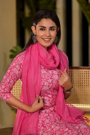 Pink Floral Printed Cotton Straight Cut Suit Set