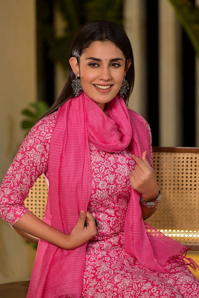 Pink Floral Printed Cotton Straight Cut Suit Set