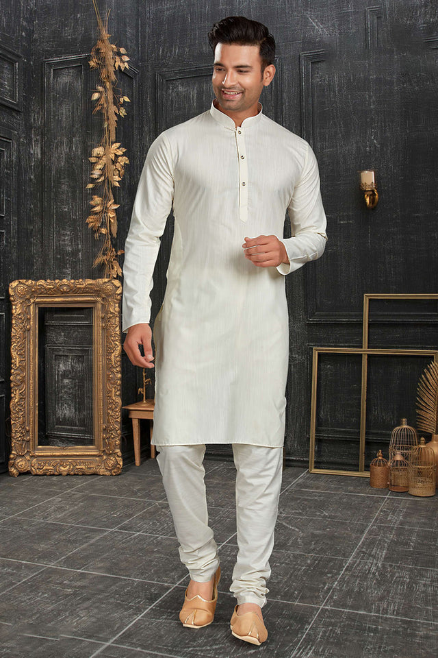 White Solid Cotton Kurta Pyjama Set