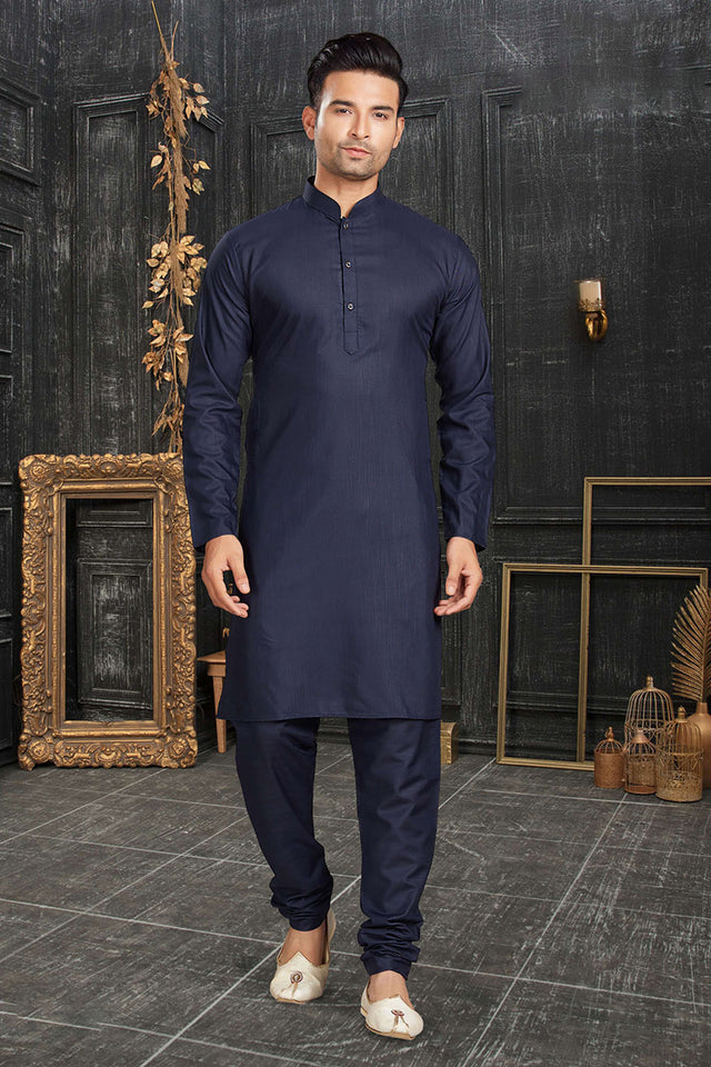 Navy-Blue Solid Cotton Kurta Pyjama Set