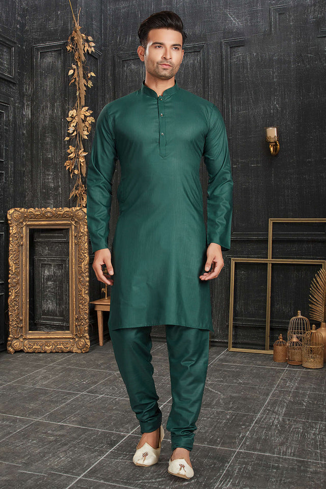 Green Solid Cotton Kurta Pyjama Set