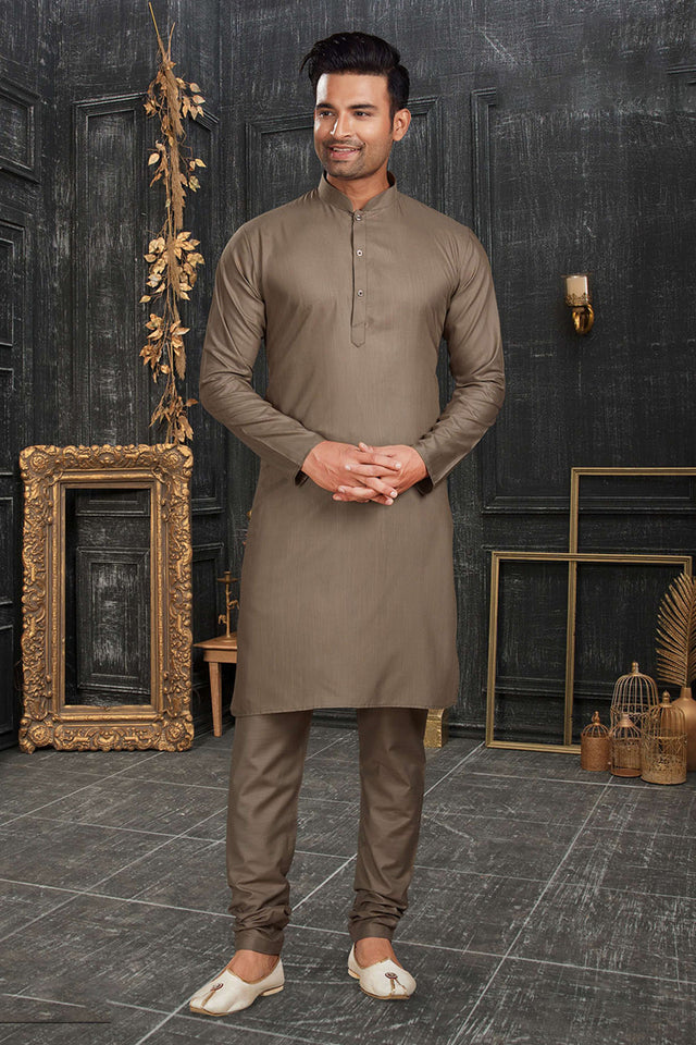 Brown Solid Cotton Kurta Pyjama Set