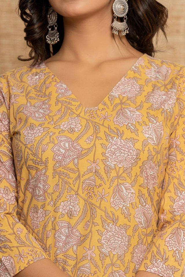 Yellow Floral Printed Cotton Punjabi Suit Set