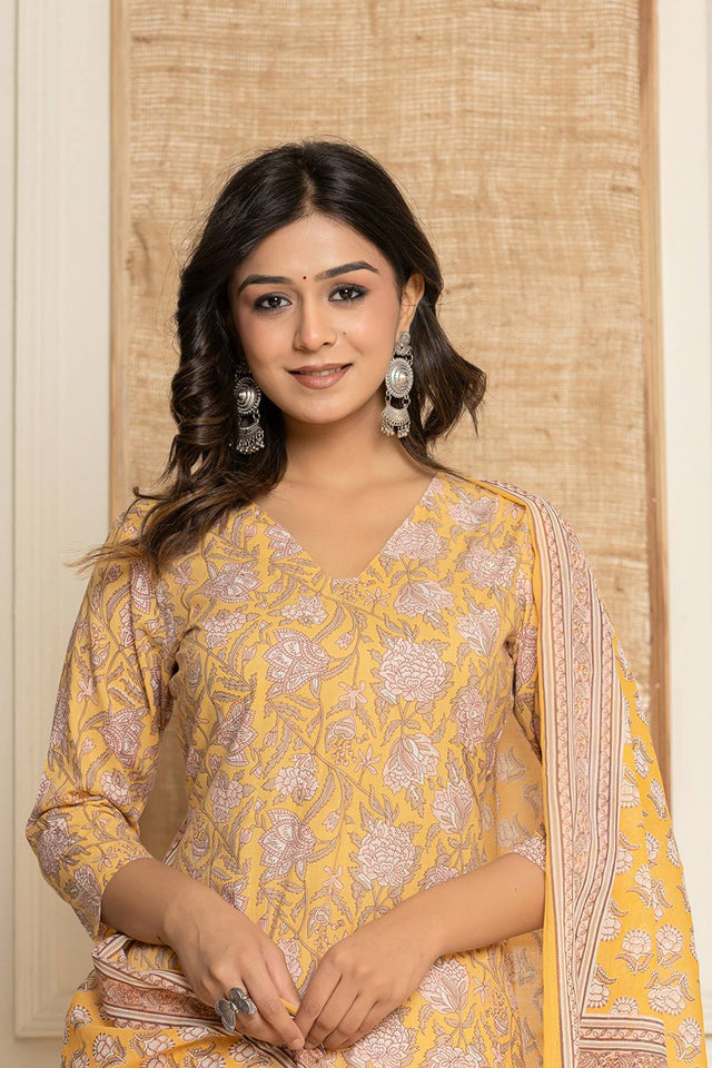 Yellow Floral Printed Cotton Punjabi Suit Set