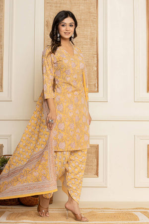 Yellow Floral Printed Cotton Punjabi Suit Set